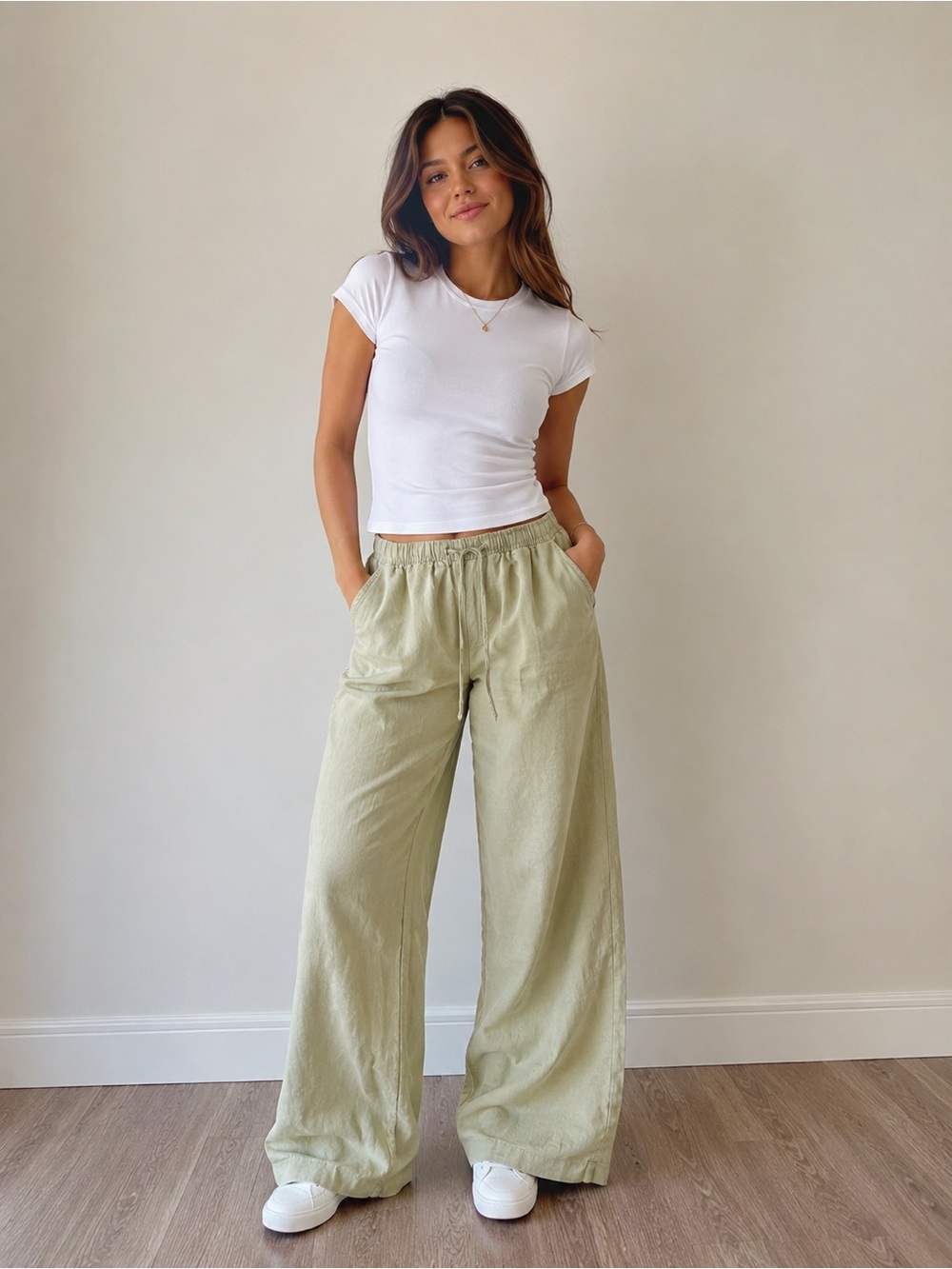 H&M Drawstring Women's Linen-Blend Pants - Light Olive
